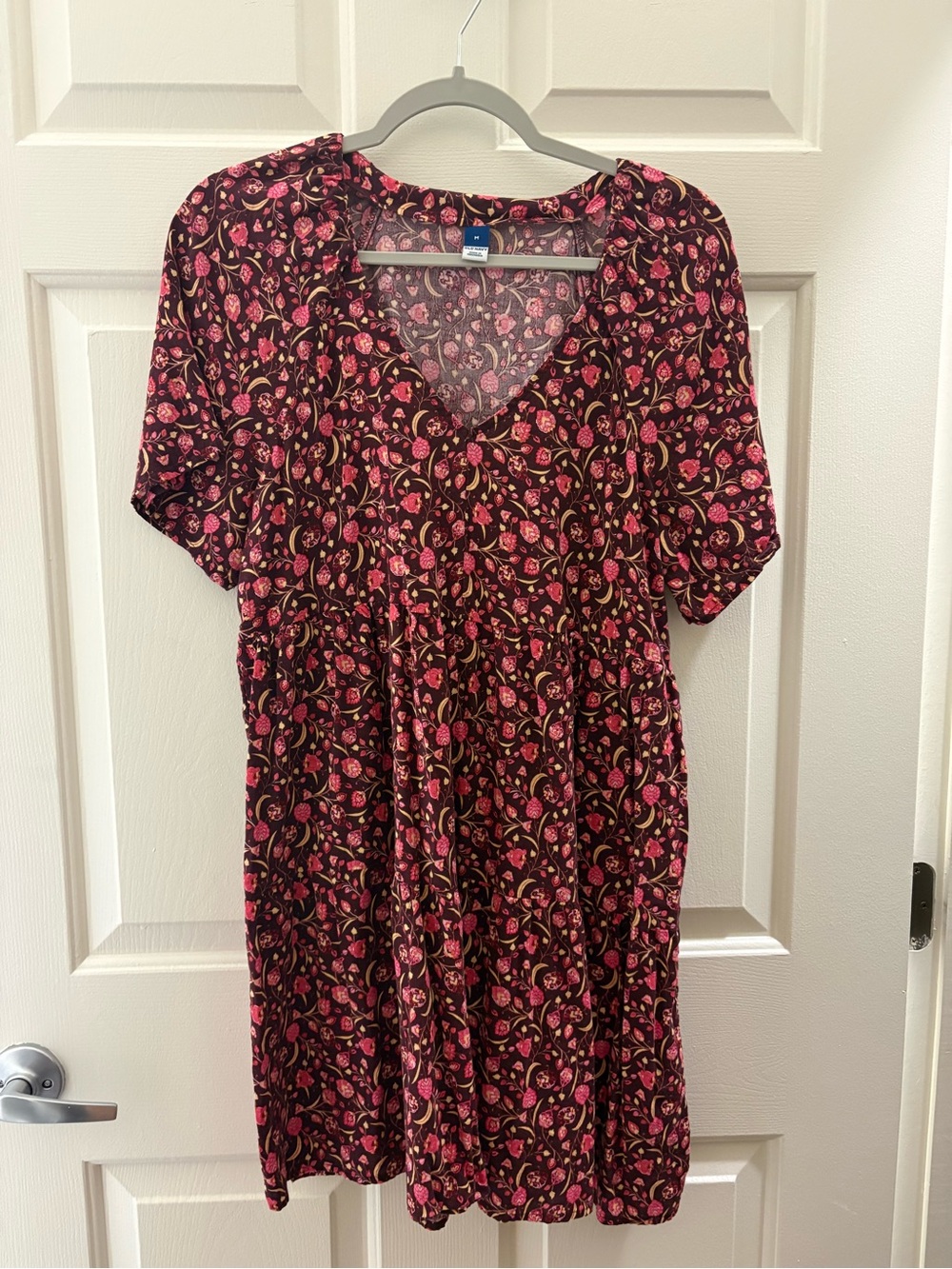 Old Navy Burgundy Floral V-Neck Dress with Pink Accents
